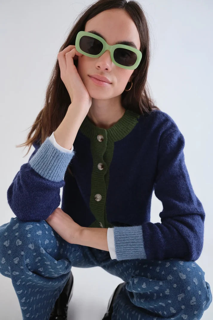 Blue and Green Two - Tone Knit Cardigan