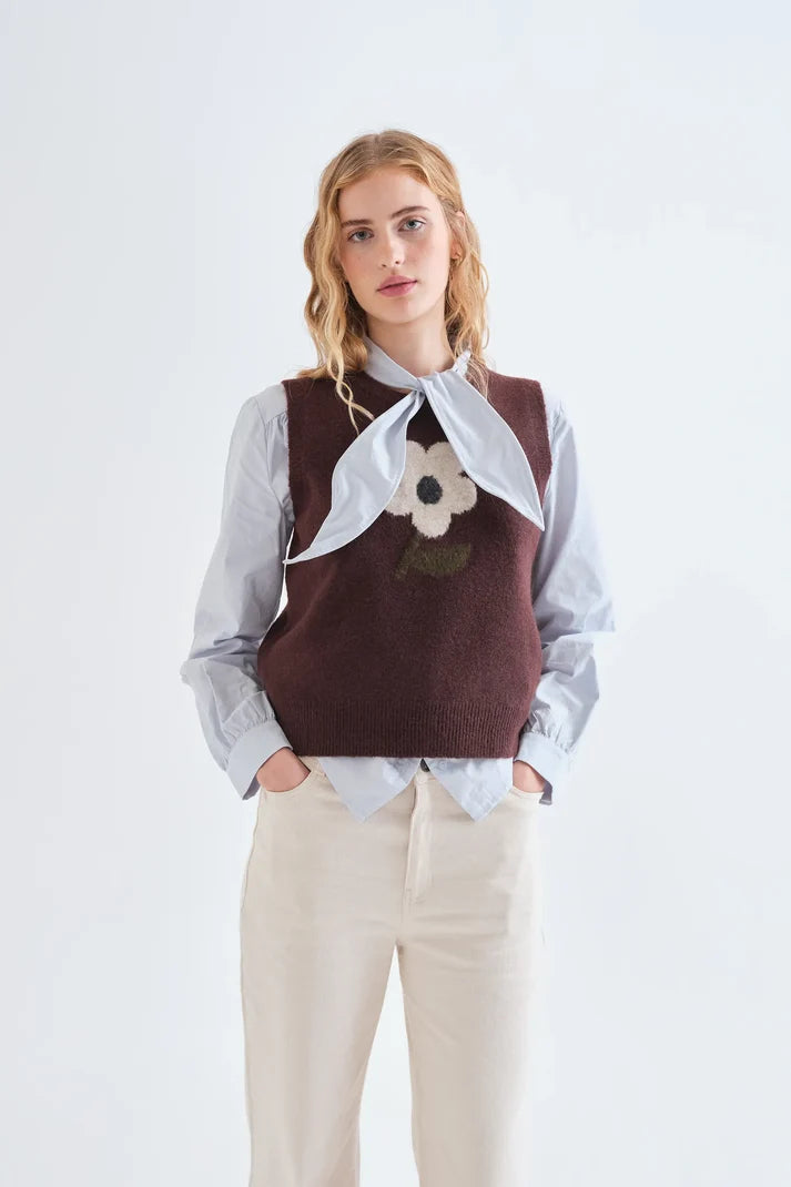 Knitted Brown Vest with Big Flower Print