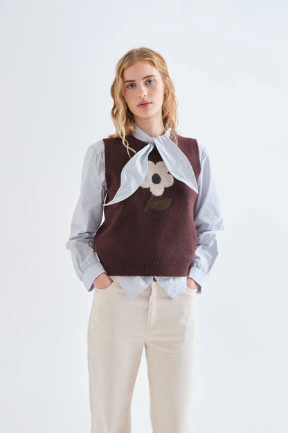 Knitted Brown Vest with Big Flower Print