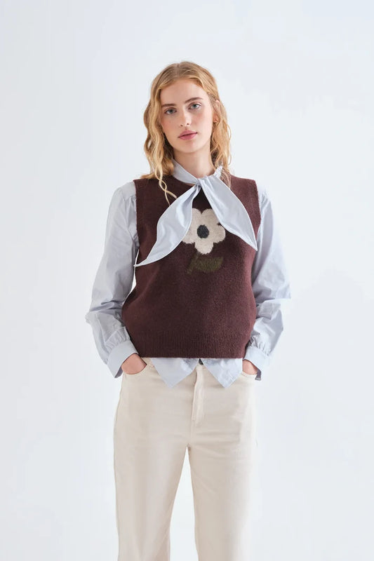 Knitted Brown Vest with Big Flower Print