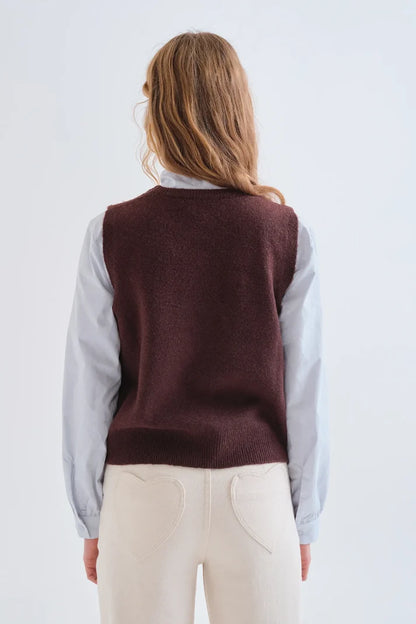 Knitted Brown Vest with Big Flower Print