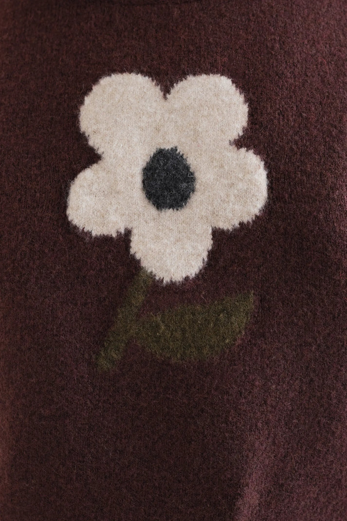 Knitted Brown Vest with Big Flower Print