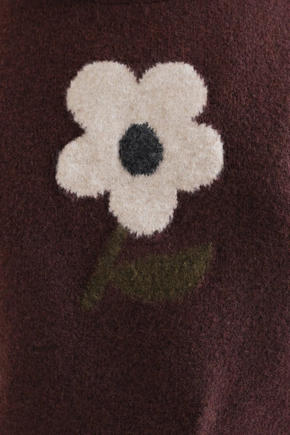 Knitted Brown Vest with Big Flower Print