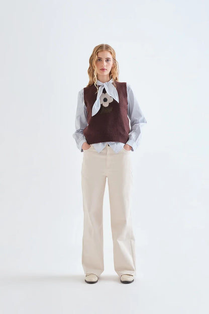 Knitted Brown Vest with Big Flower Print