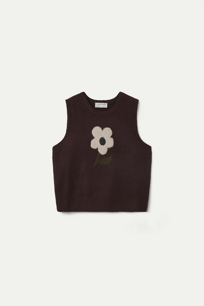 Knitted Brown Vest with Big Flower Print