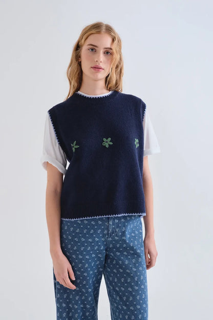 Blue Knit Vest with Floral Embroidered Details