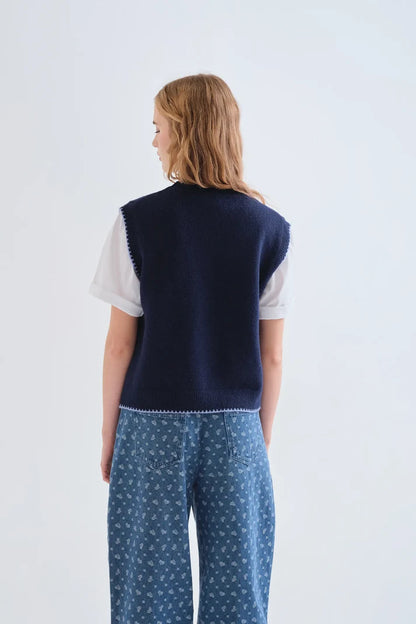 Blue Knit Vest with Floral Embroidered Details
