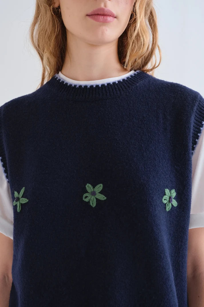 Blue Knit Vest with Floral Embroidered Details