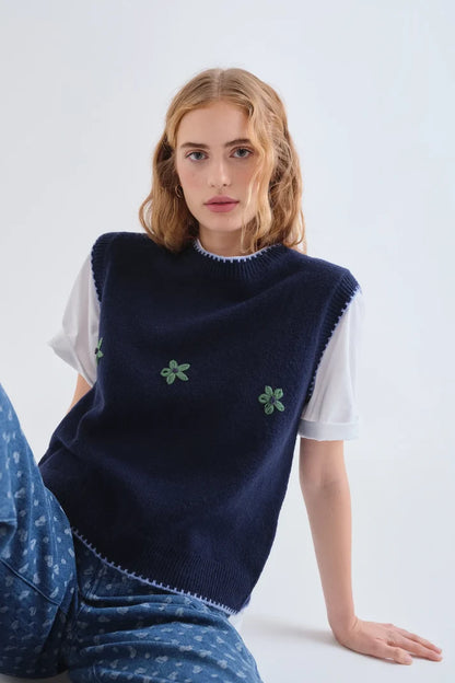 Blue Knit Vest with Floral Embroidered Details