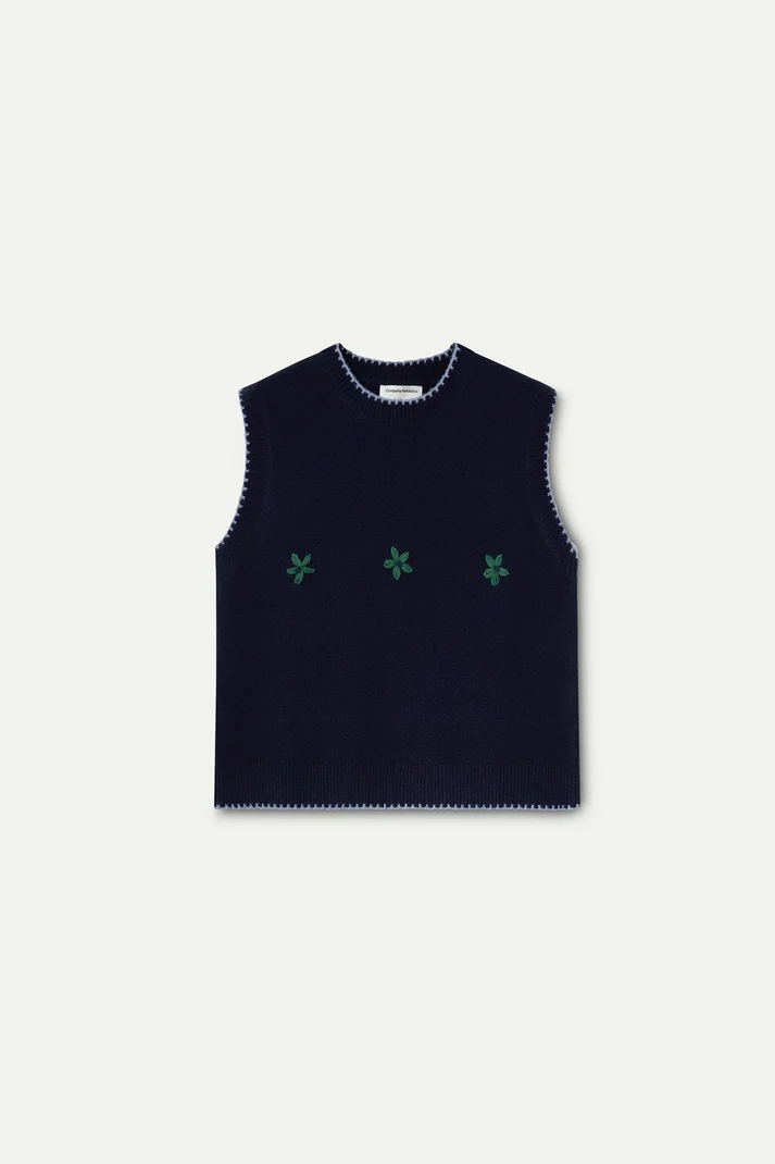 Blue Knit Vest with Floral Embroidered Details