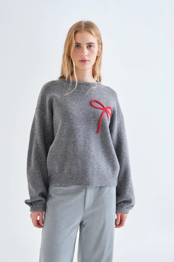 Grey Knit Jumper with Red Bow Detail