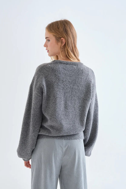 Grey Knit Jumper with Red Bow Detail