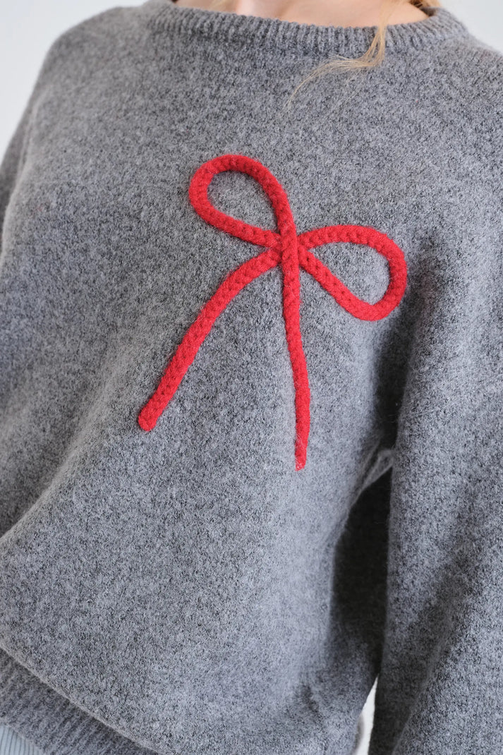 Grey Knit Jumper with Red Bow Detail