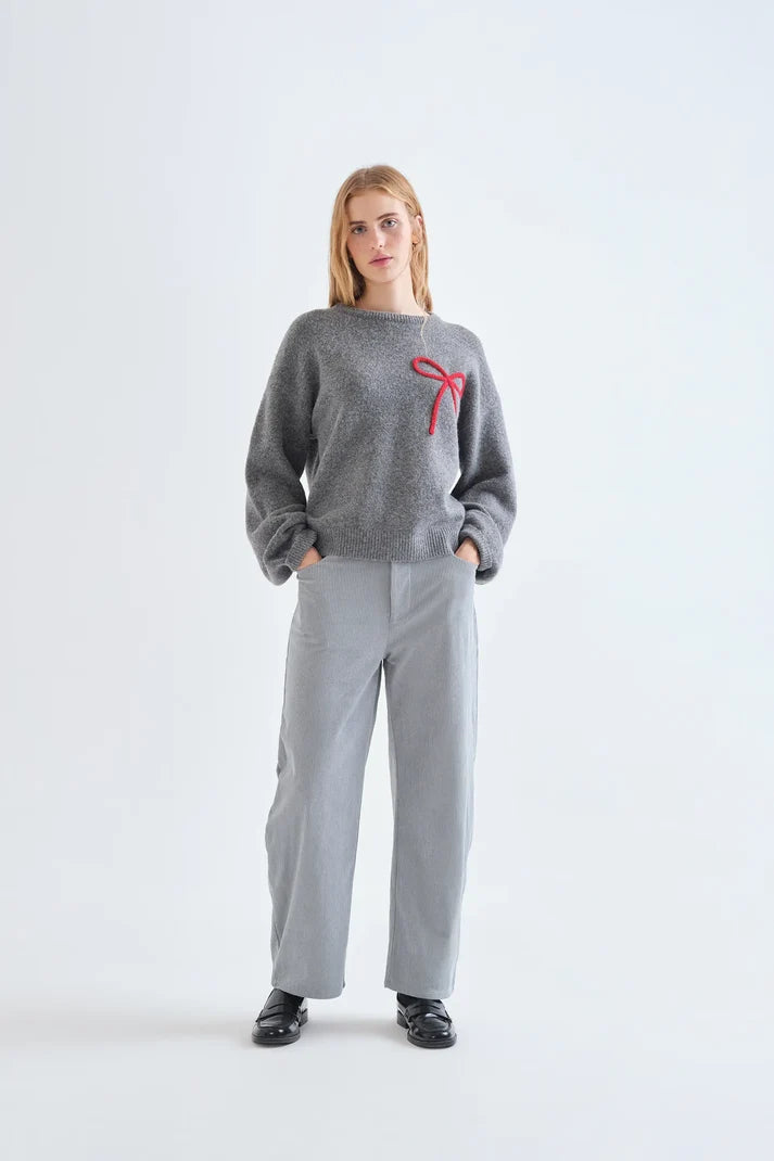 Grey Knit Jumper with Red Bow Detail