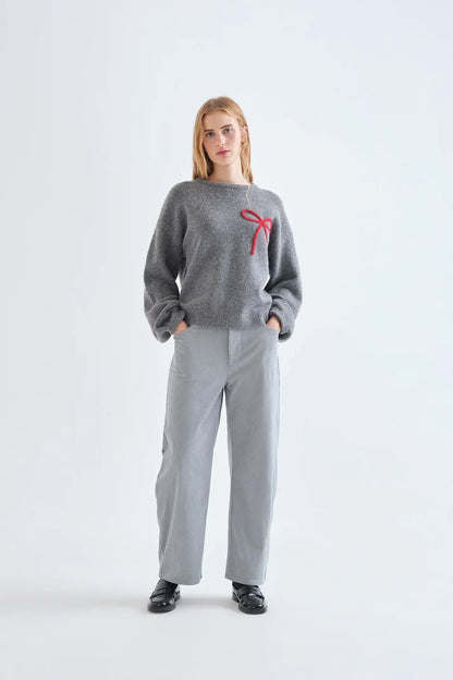 Grey Knit Jumper with Red Bow Detail