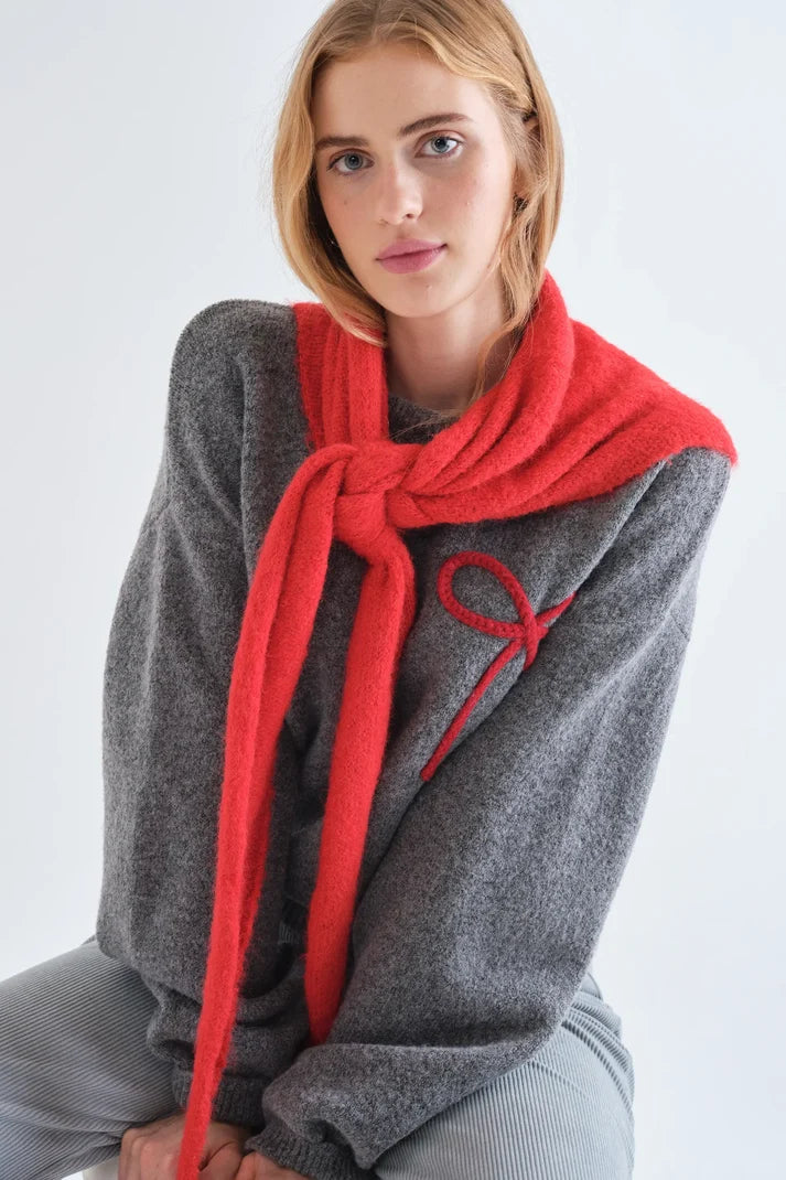 Grey Knit Jumper with Red Bow Detail