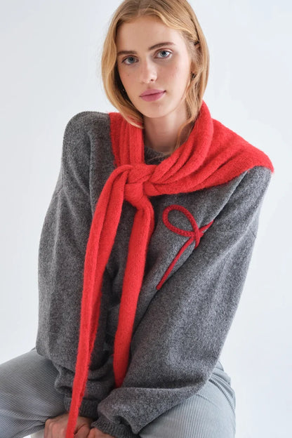 Grey Knit Jumper with Red Bow Detail