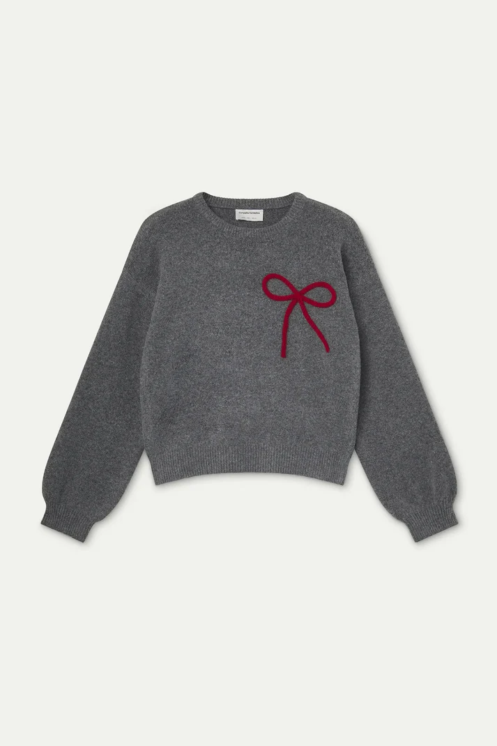 Grey Knit Jumper with Red Bow Detail