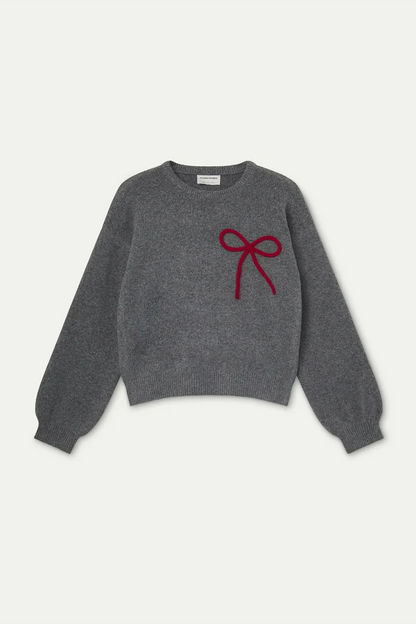 Grey Knit Jumper with Red Bow Detail
