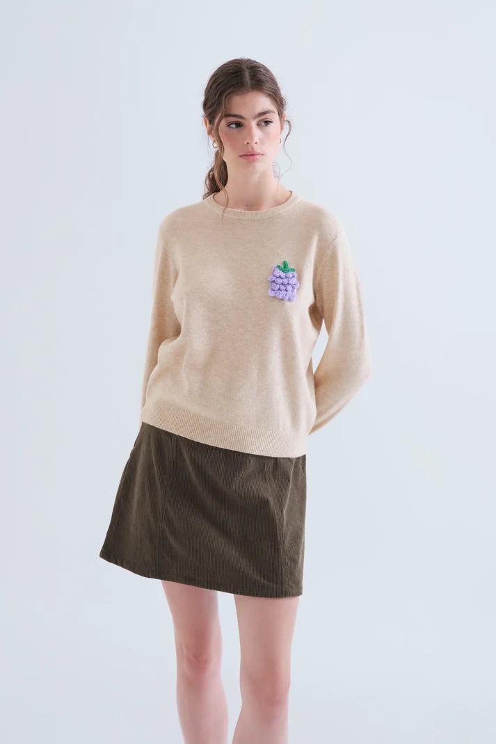 Beige Fine Knit Jumper with Grape Detail