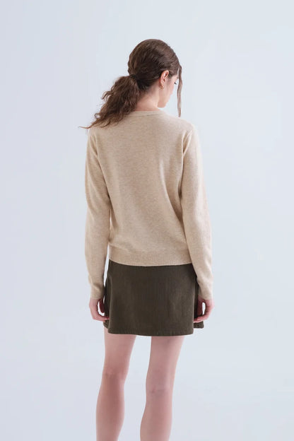 Beige Fine Knit Jumper with Grape Detail