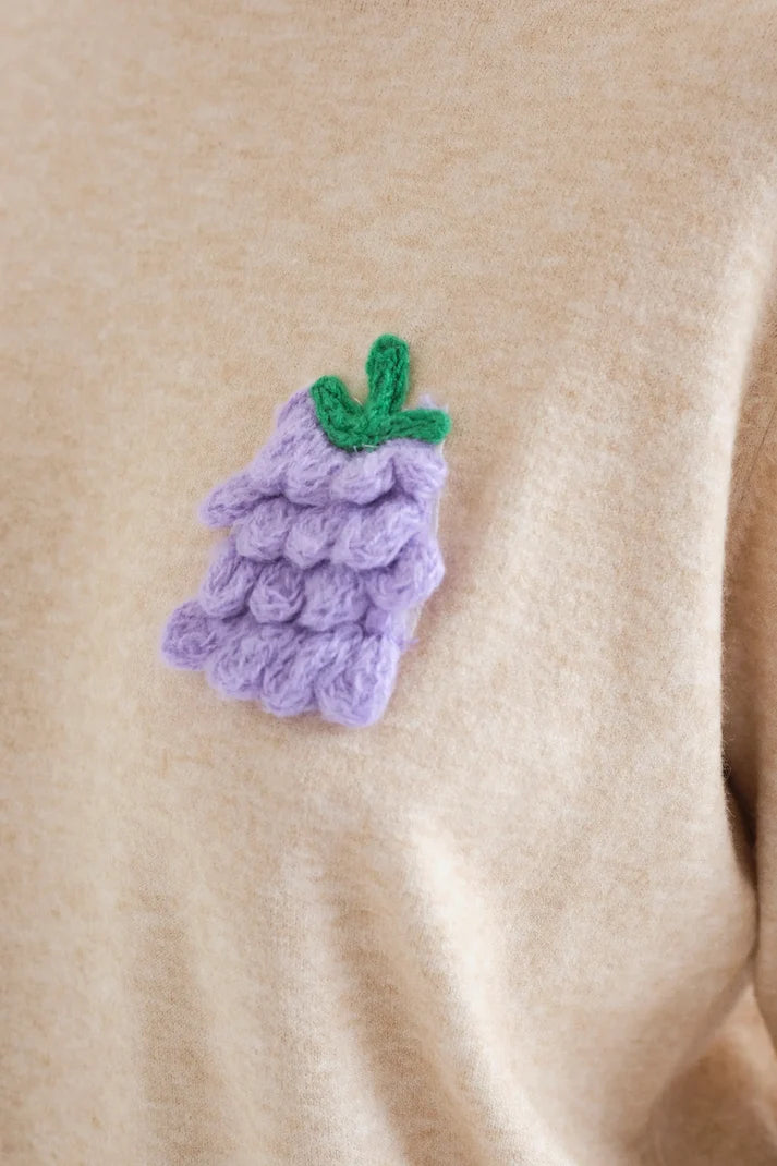 Beige Fine Knit Jumper with Grape Detail