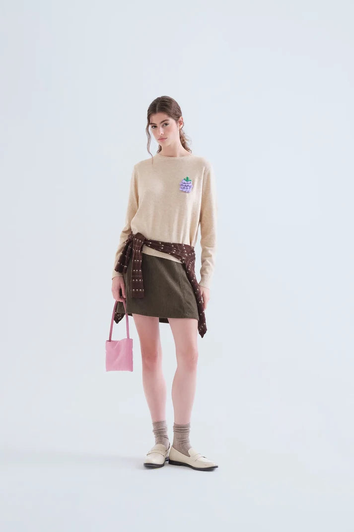Beige Fine Knit Jumper with Grape Detail