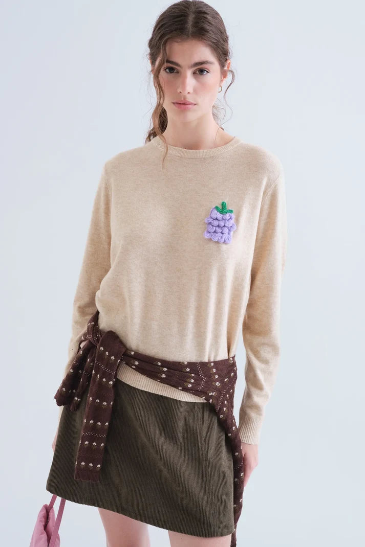 Beige Fine Knit Jumper with Grape Detail
