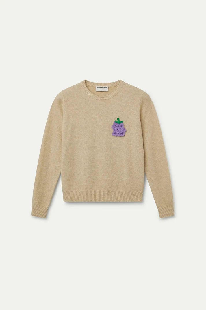 Beige Fine Knit Jumper with Grape Detail