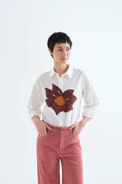 White Cotton Shirt with Flor Rivera Print