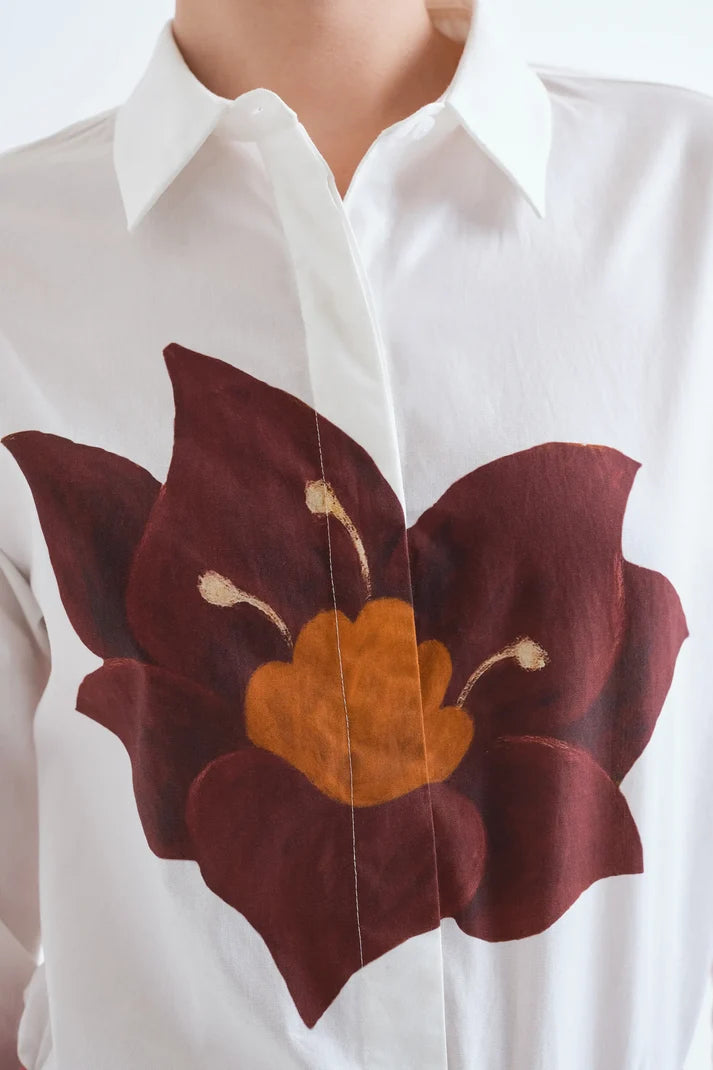 White Cotton Shirt with Flor Rivera Print