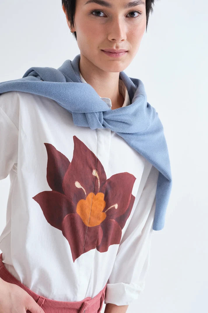White Cotton Shirt with Flor Rivera Print