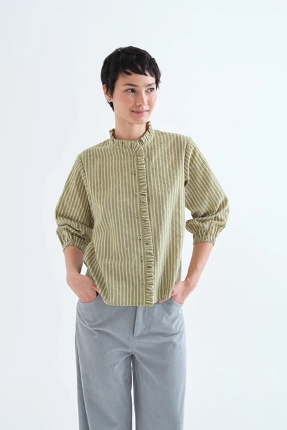 Light Green Striped Shirt with Ruffle Detail