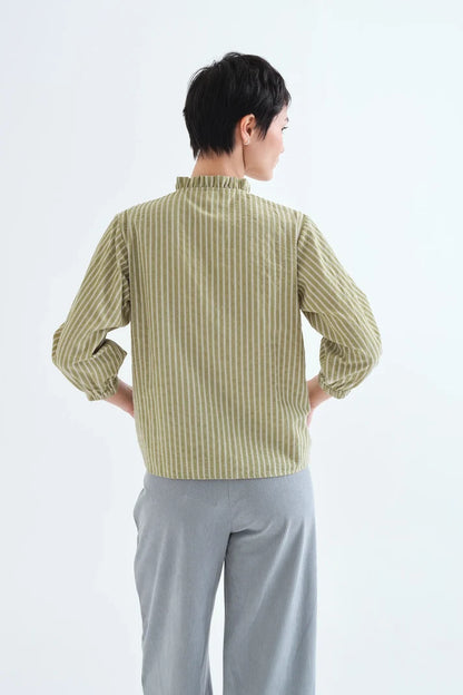 Light Green Striped Shirt with Ruffle Detail