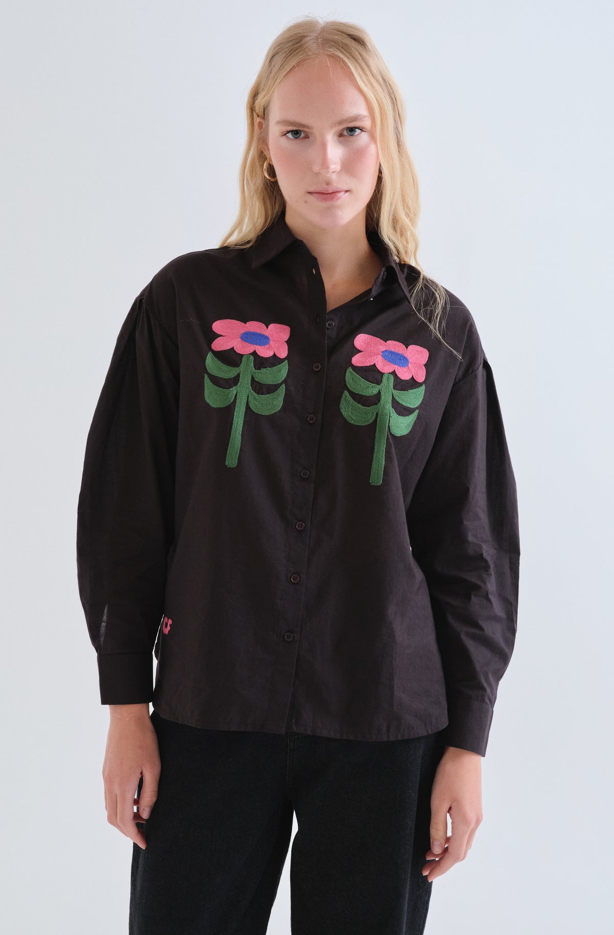 Black Shirt with Large Flower Embroidery