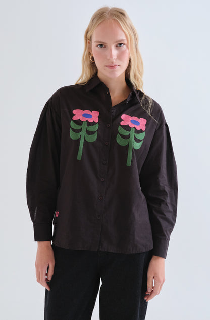 Black Shirt with Large Flower Embroidery