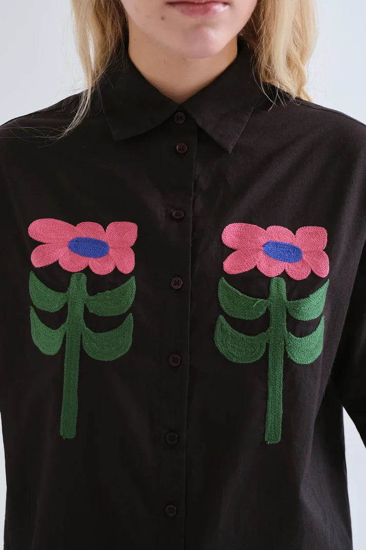 Black Shirt with Large Flower Embroidery