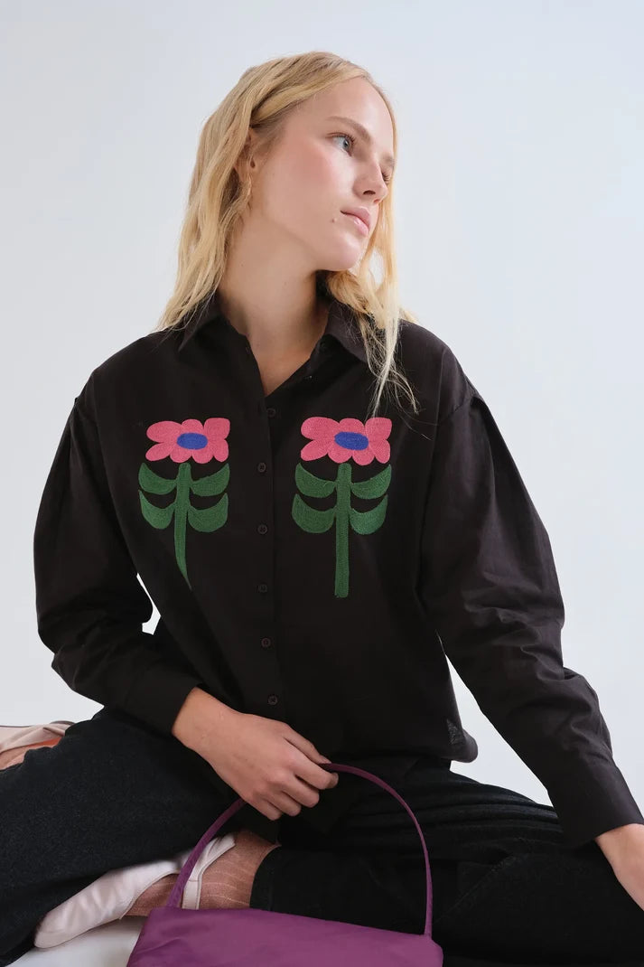Black Shirt with Large Flower Embroidery