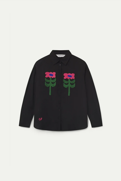 Black Shirt with Large Flower Embroidery