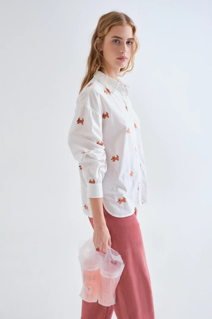 Cotton Shirt with Fox Embroidery