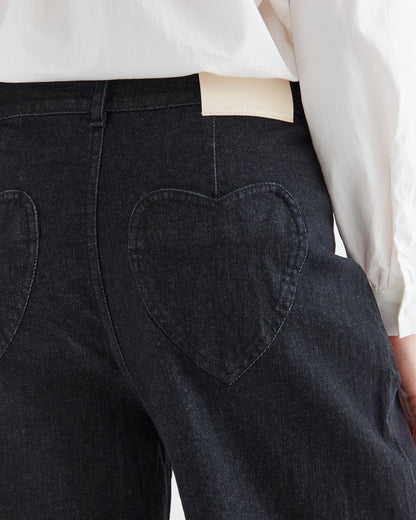 Black Denim Pants with Heart Pockets