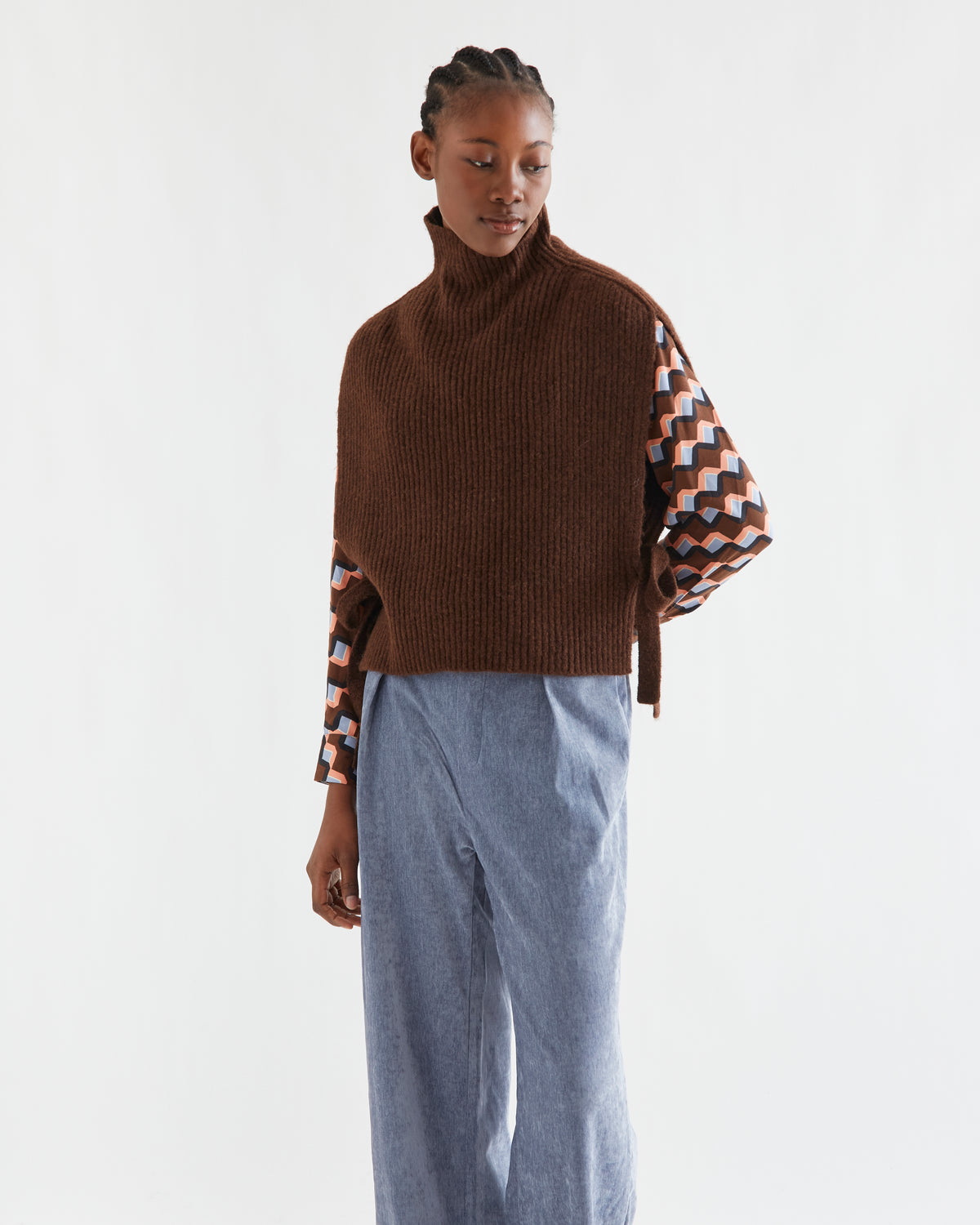 Brown Knitted High Neck Vest