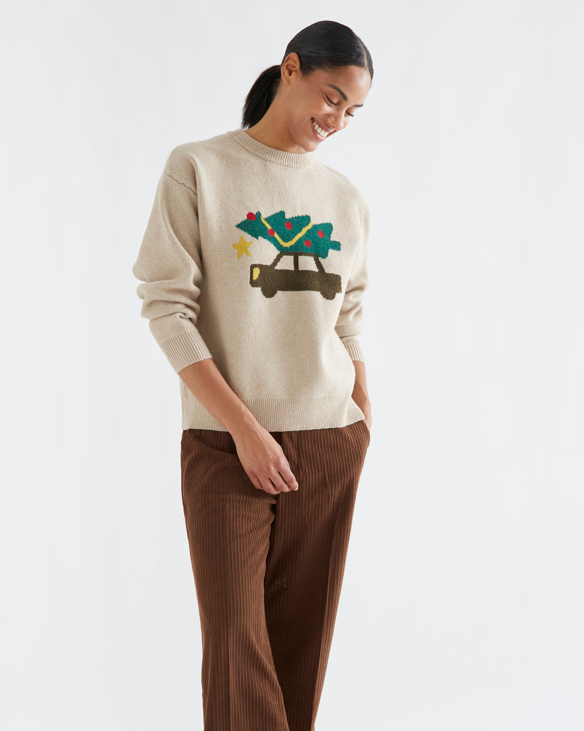Beige Sweater with Car and Christmas Tree on the Roof