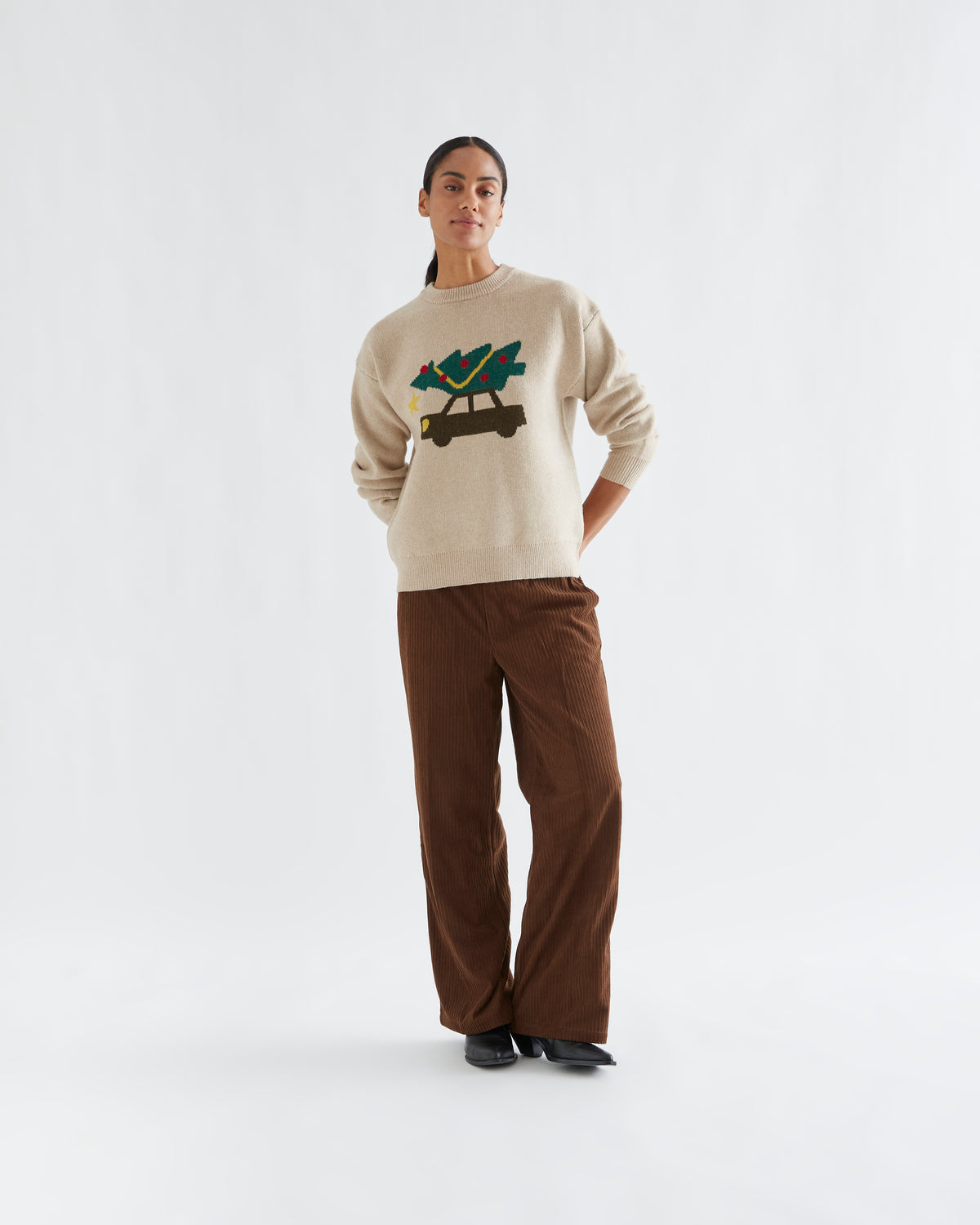 Beige Sweater with Car and Christmas Tree on the Roof