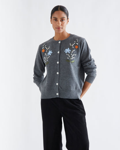 Grey Cardigan with Embroidered Flowers