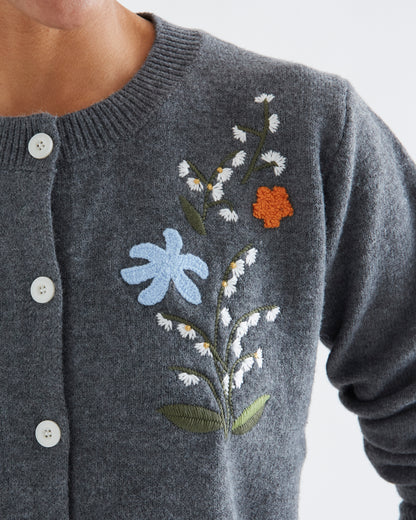 Grey Cardigan with Embroidered Flowers