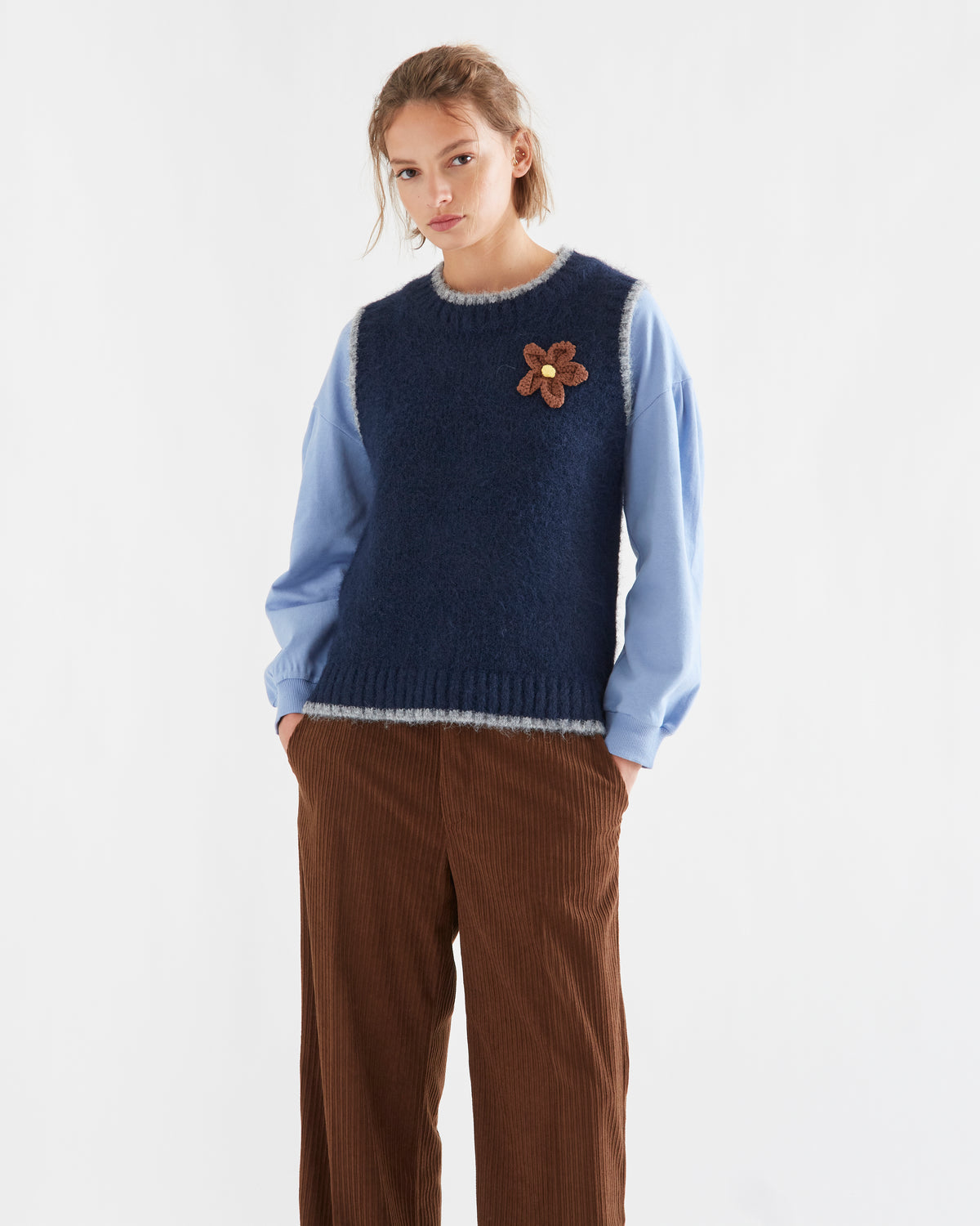 Navy Knitted Vest with Brown Flower Detail
