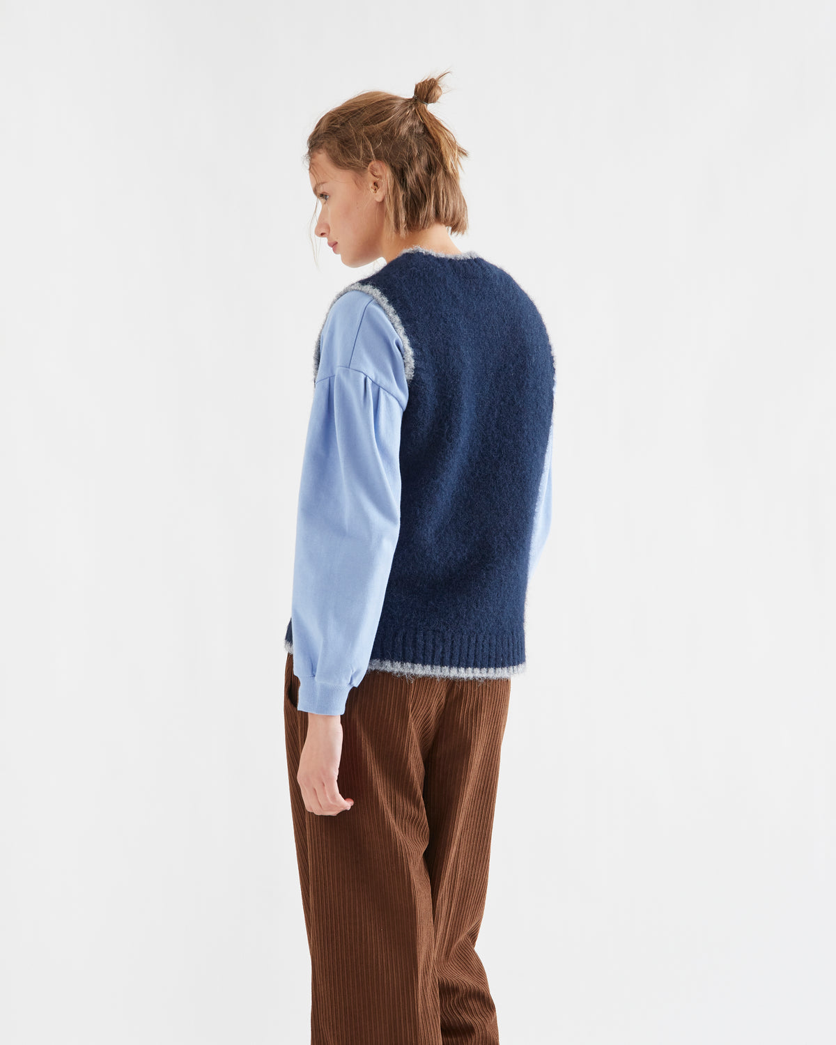 Navy Knitted Vest with Brown Flower Detail