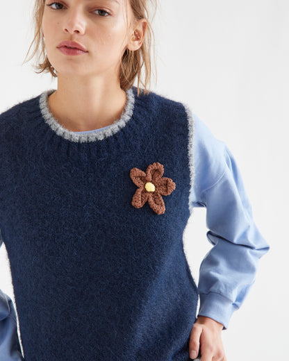 Navy Knitted Vest with Brown Flower Detail