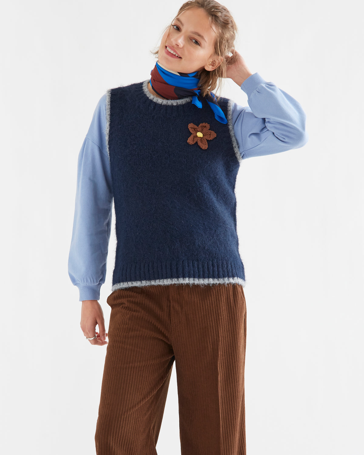 Navy Knitted Vest with Brown Flower Detail